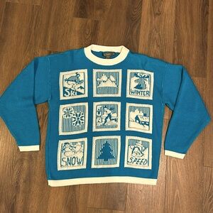Gitano Vintage 80s-90s Turquoise & White Knit Sweater Winter Ski Design Medium
